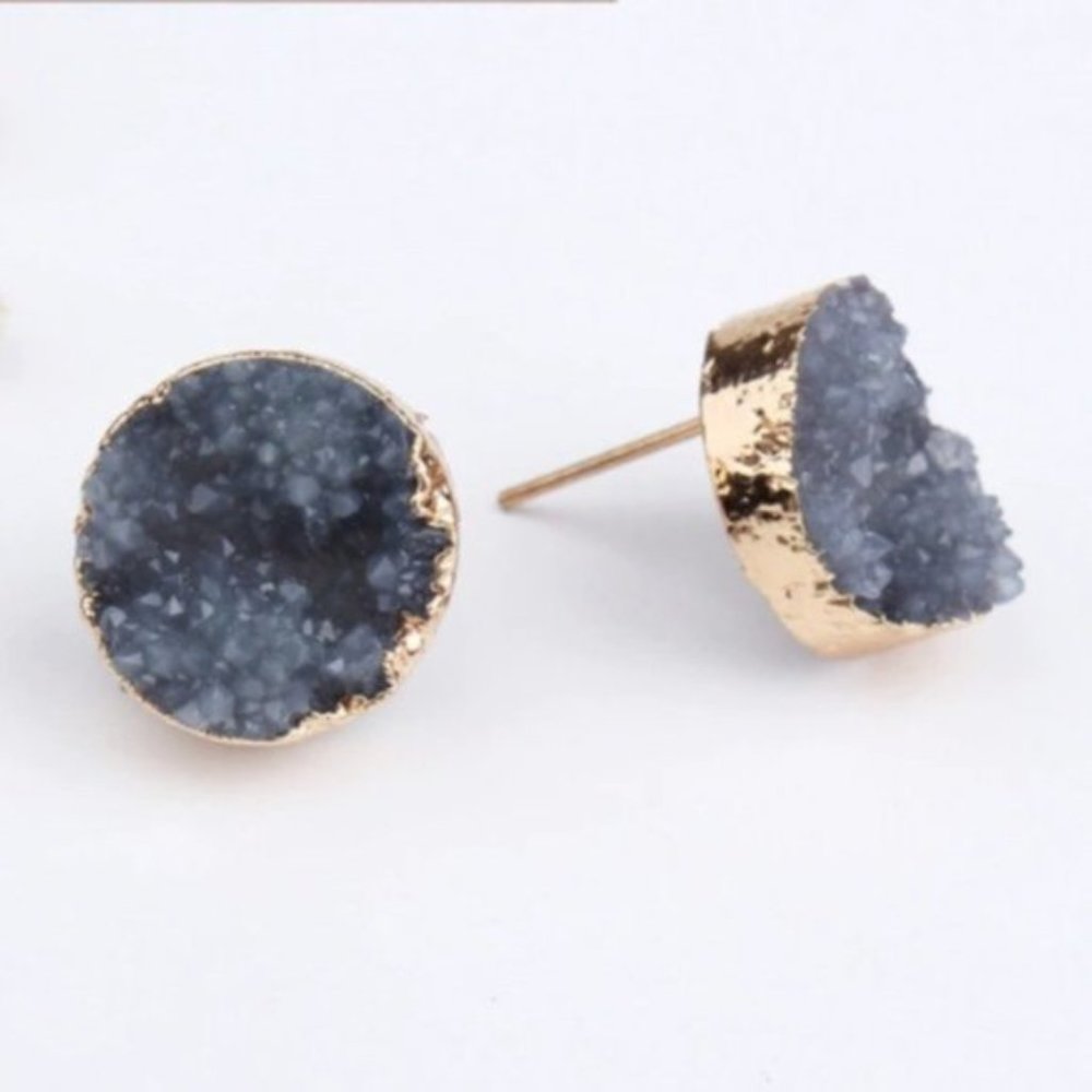Indie Boho Druzy Black Crystal Quartz Stud Earring - Picture 3 of 8